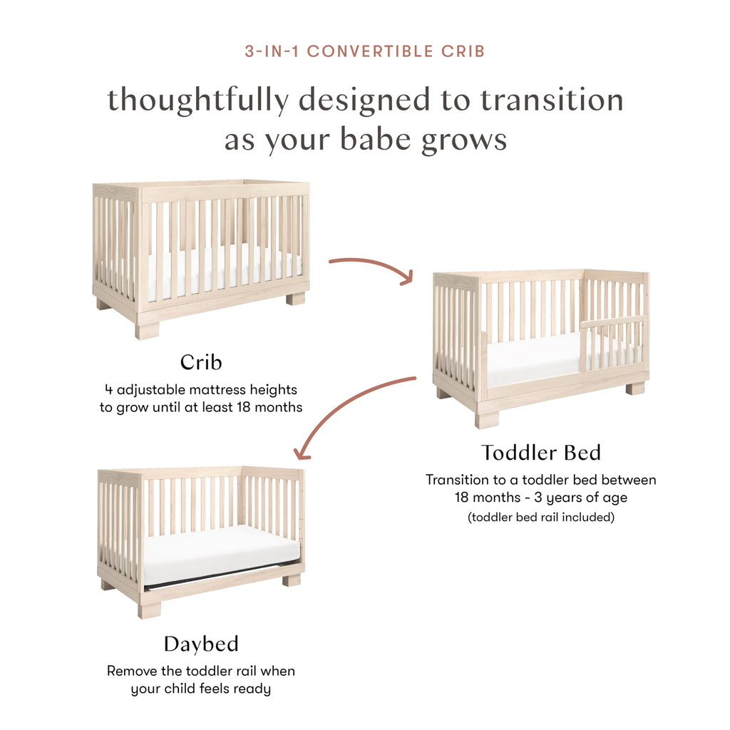 Babyletto Modo 3-in-1 Baby Crib Convertible to Toddler Bed & Daybed - Includes Toddler Conversion Kit - GREENGUARD Gold Certified - 100% Solid Wood Crib for Baby, 4 Adjustable Heights - Washed Natural