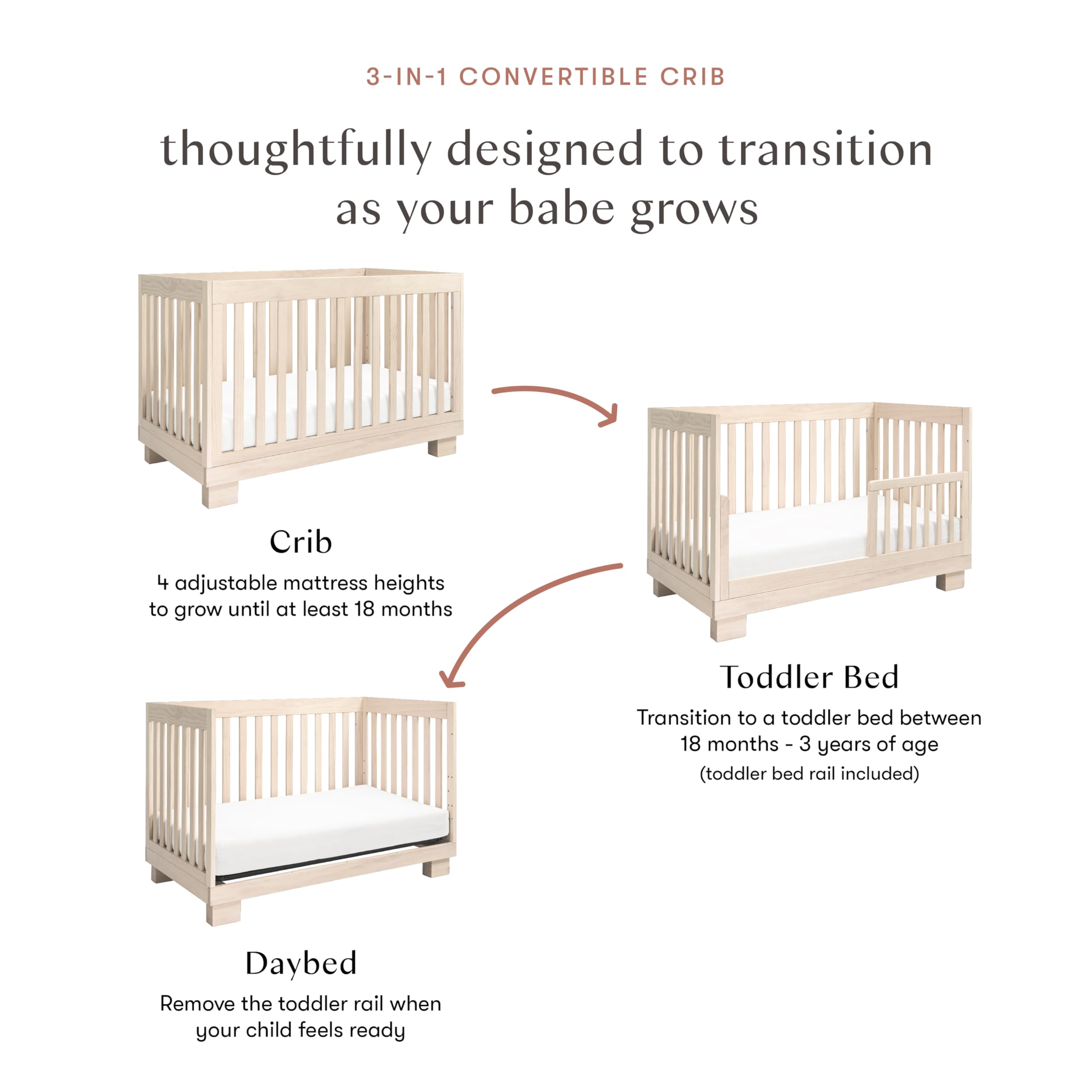 Babyletto Modo 3-in-1 Baby Crib Convertible to Toddler Bed & Daybed - Includes Toddler Conversion Kit - GREENGUARD Gold Certified - 100% Solid Wood Crib for Baby, 4 Adjustable Heights - Washed Natural