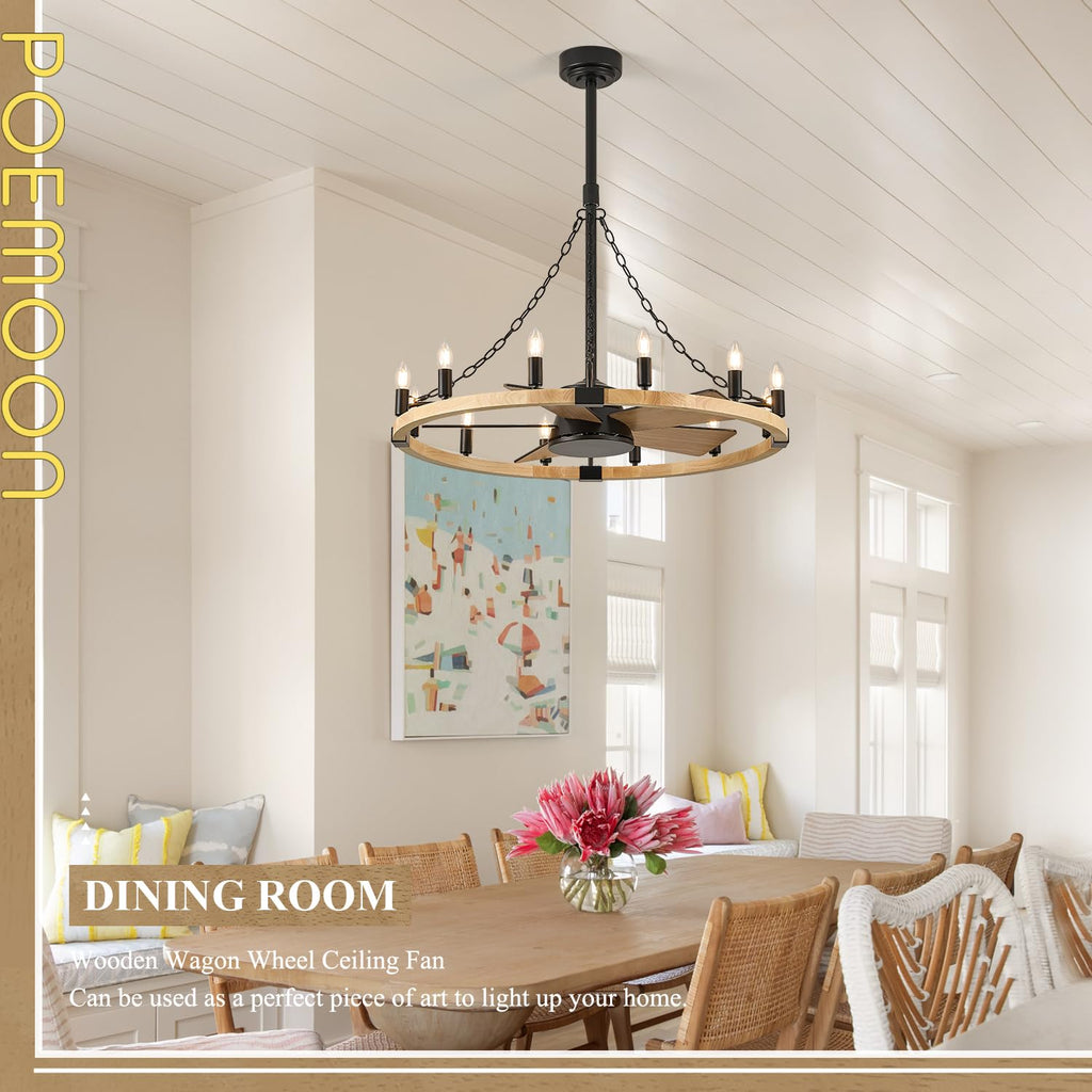 Natural Farmhouse Wood Wagon Wheel Chandelier Fans with 12 Lights and Remote, Rustic Wooden Ceiling Fan Light 36in Fandelier for Bedroom Dining Room Kitchen Living Room