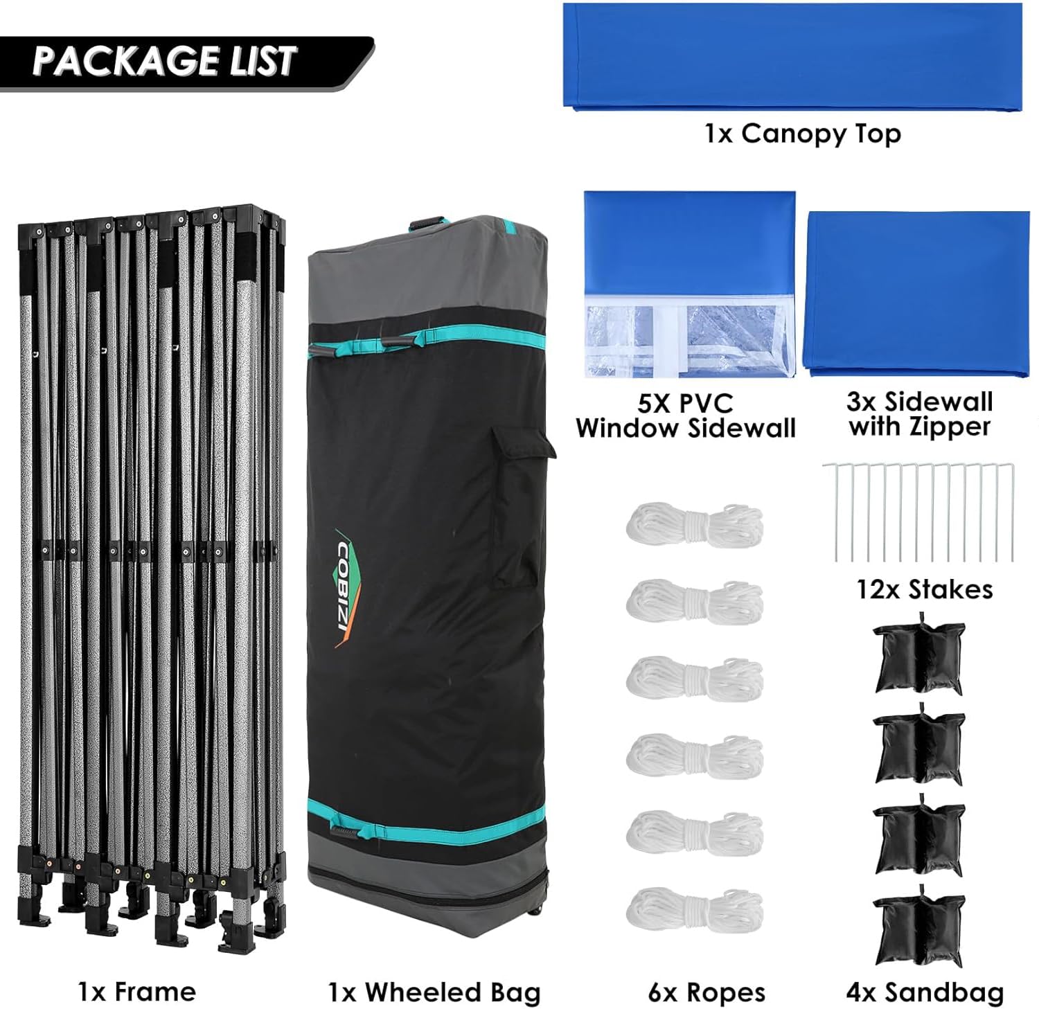 COBIZI 10x30 Pop up Canopy Heavy Duty Outdoor Extra Thick Frame Tents with 8 sidewalls for Parties UPF 50+ Waterproof Commercial Gazebo with Roller Bag, Blue(Windproof Upgraded)