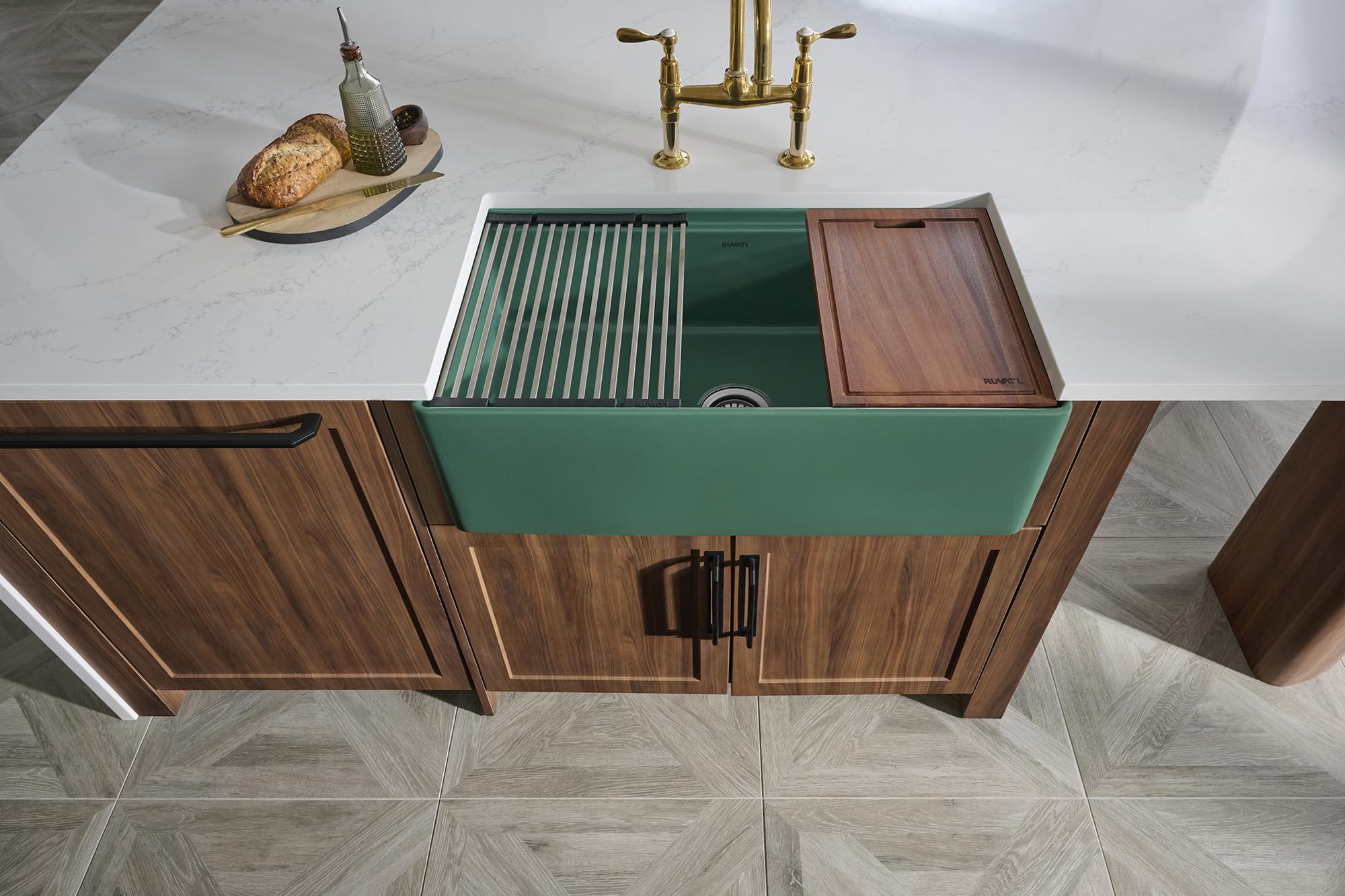 Ruvati 33 inch Fireclay Workstation Emerald Green Farmhouse Kitchen Sink Apron Front Single Bowl - RVL2387EG