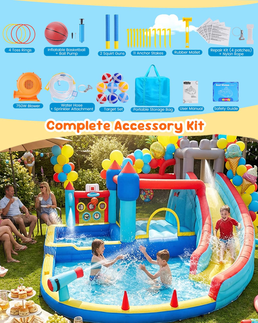 AKEYDIY Inflatable Water Bounce House, 15 x 14 FT Water Slide for Kids,Bouncy Castle Water Park with Deep Splash Pools,Water Cannon&Spray Belt,750W Blower,Ideal for Backyard/Party/Birthday