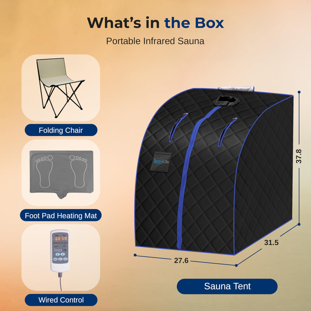 SereneLife Compact & Portable Infrared Steam Sauna, Personal Spa Style Sauna for at-Home Relaxation and Rejuvenation, Easy Access Sit-in Design, Foldable Chair, Energy Efficient, Foot Pad Heating Mat
