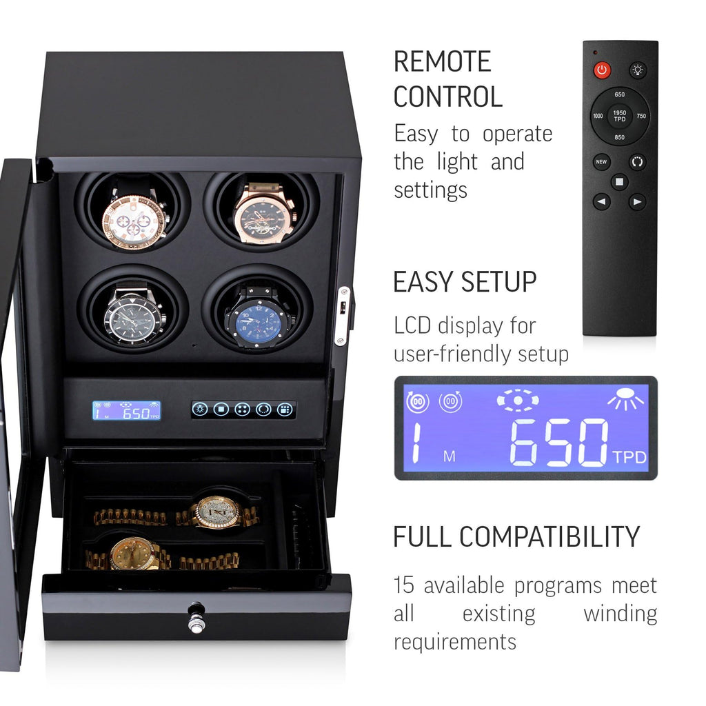 Automatic Watch Winder with LED Light, Storage Drawer and LCD Touchscreen Control (Black + Black)