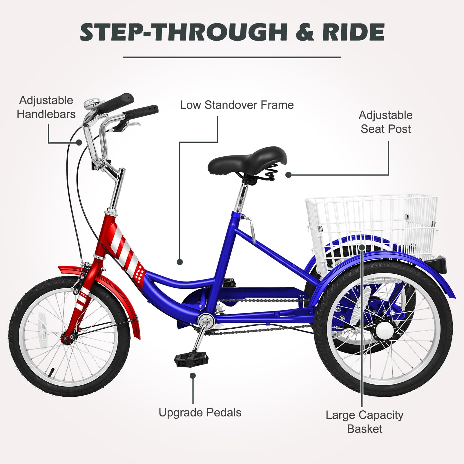 H&ZT Adult Tricycle, 3 Wheeled Bike, Trike Cruiser Bike, with 7-Speed Gear, Parking Brake Handle, Low Step, Large Rear Basket, Elderly Friendly, for Men, Women, and Teens