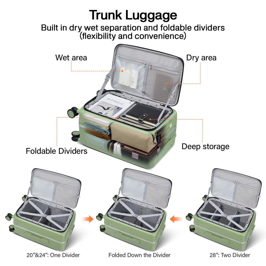 Hanke 28 Inch Checked Luggage with Cup Holder and USB Ports, Top Opening Hard Shell Suitcase with Wheels, Aluminum Frame Large Trunk Luggage with Foldable Divider & TSA Lock for Travel, Bamboo Green