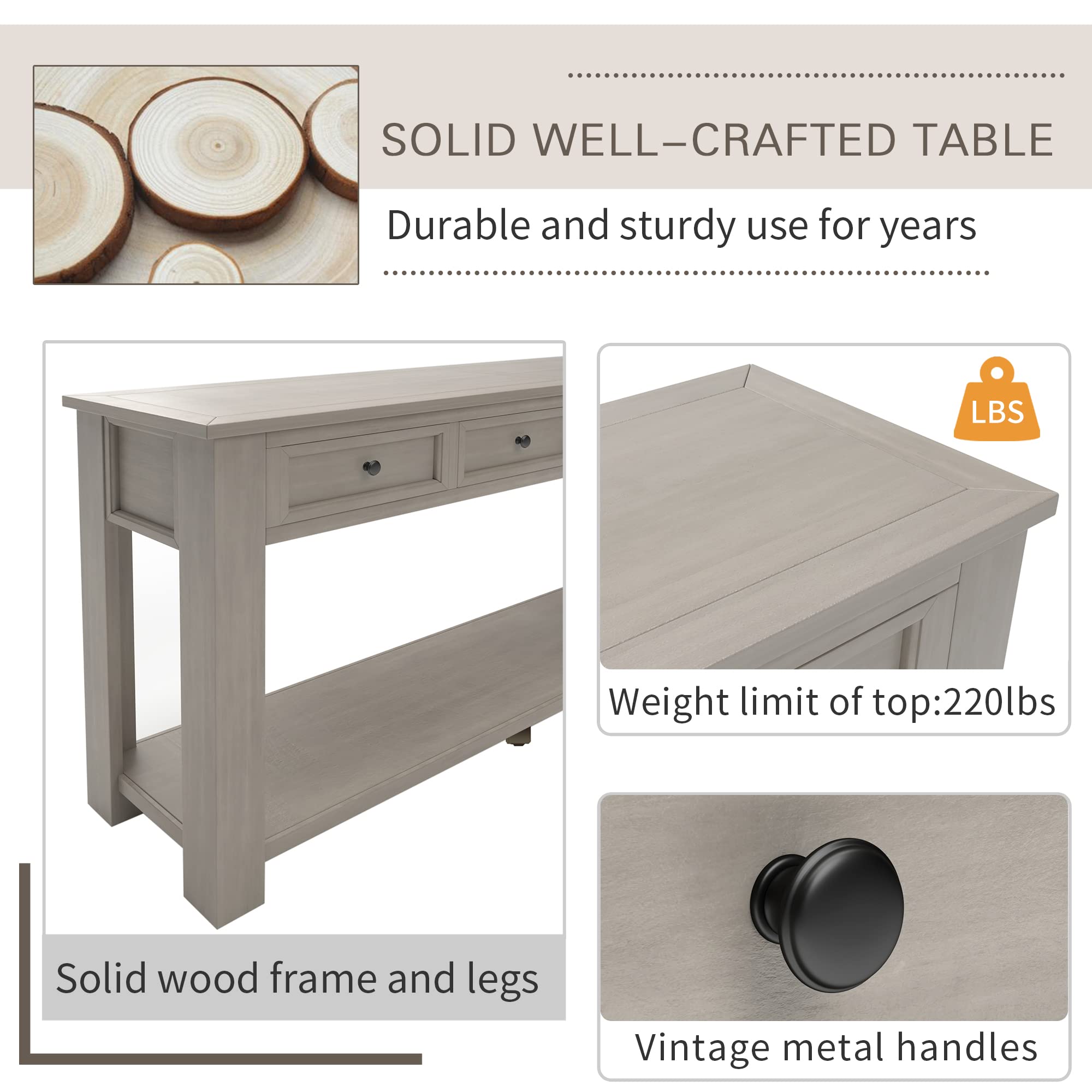 Brisca Solid Wood Console Sofa Table with 4 Drawers and Tabletop,Bottom Shelf for Entryway Hallway or Living Room,Space Saving,Easy to Assemble,Gray Wash,63" L×14" W×30" H