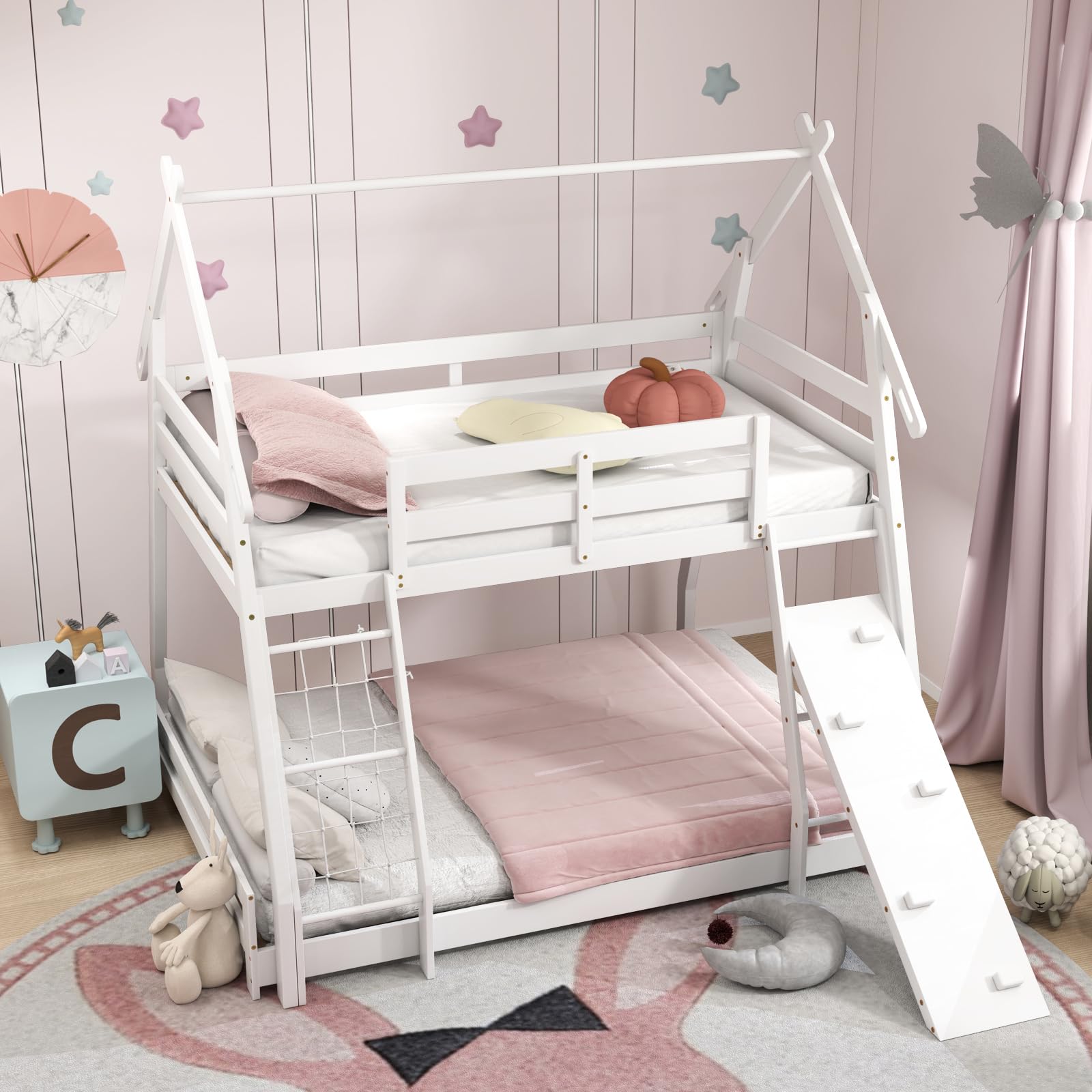 KOMFOTT Wood Twin Over Queen House Bunk Bed, Playhouse Floor Low Bunk Bed with Climbing Nets & Ramp, Space Saving Solid Wood Bunk Bed Frame with Safety Guardrails, Not Box Spring Required (White)