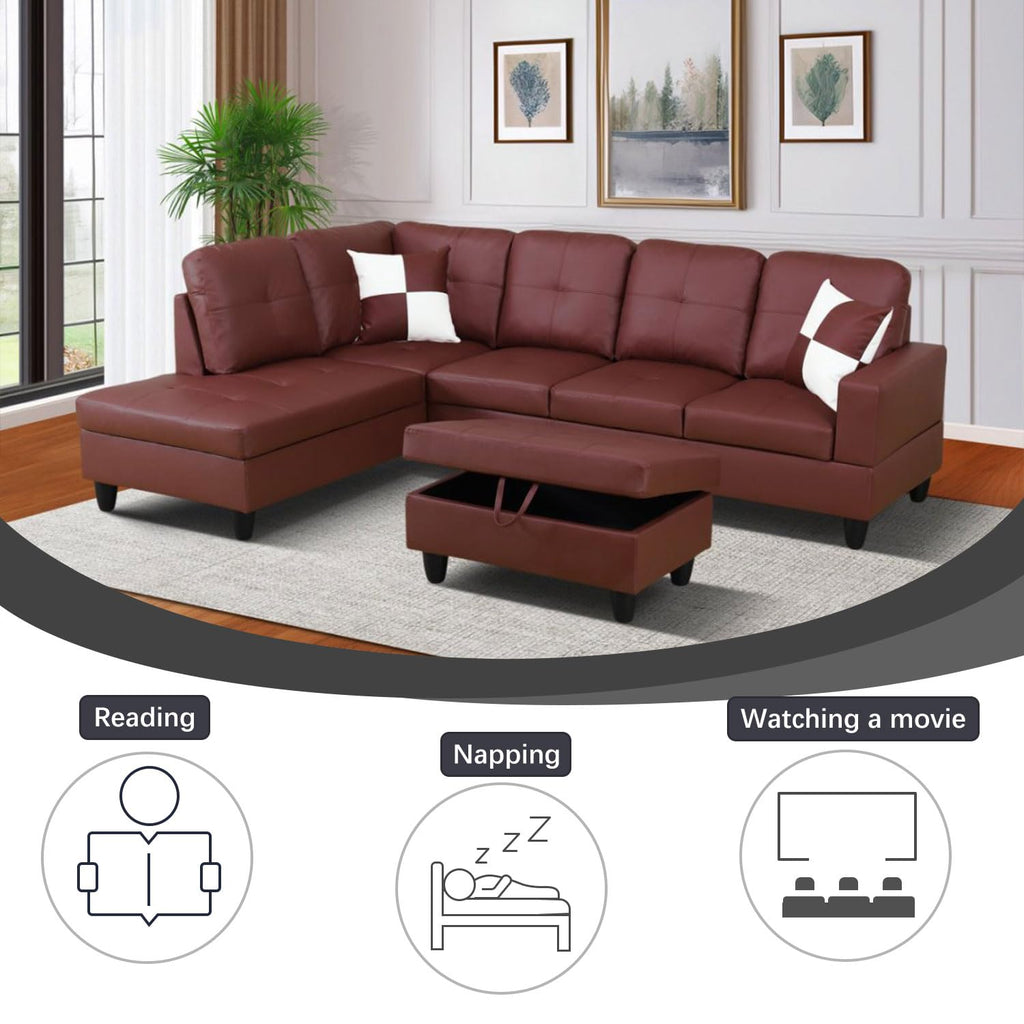 UOCFYK Red L-Shaped 3-Piece Faux Leather Sofa with Storage Ottoman Set, Sectional Couch Leather-Like Sofa Set for Living Room, Office, Small Space