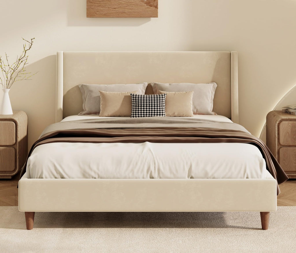 Merax Velvet Queen Size Bed Frame with Wingback Headboard, Solid Wood Upholstered Platform with Round Legs, No Box Spring Needed, Beige