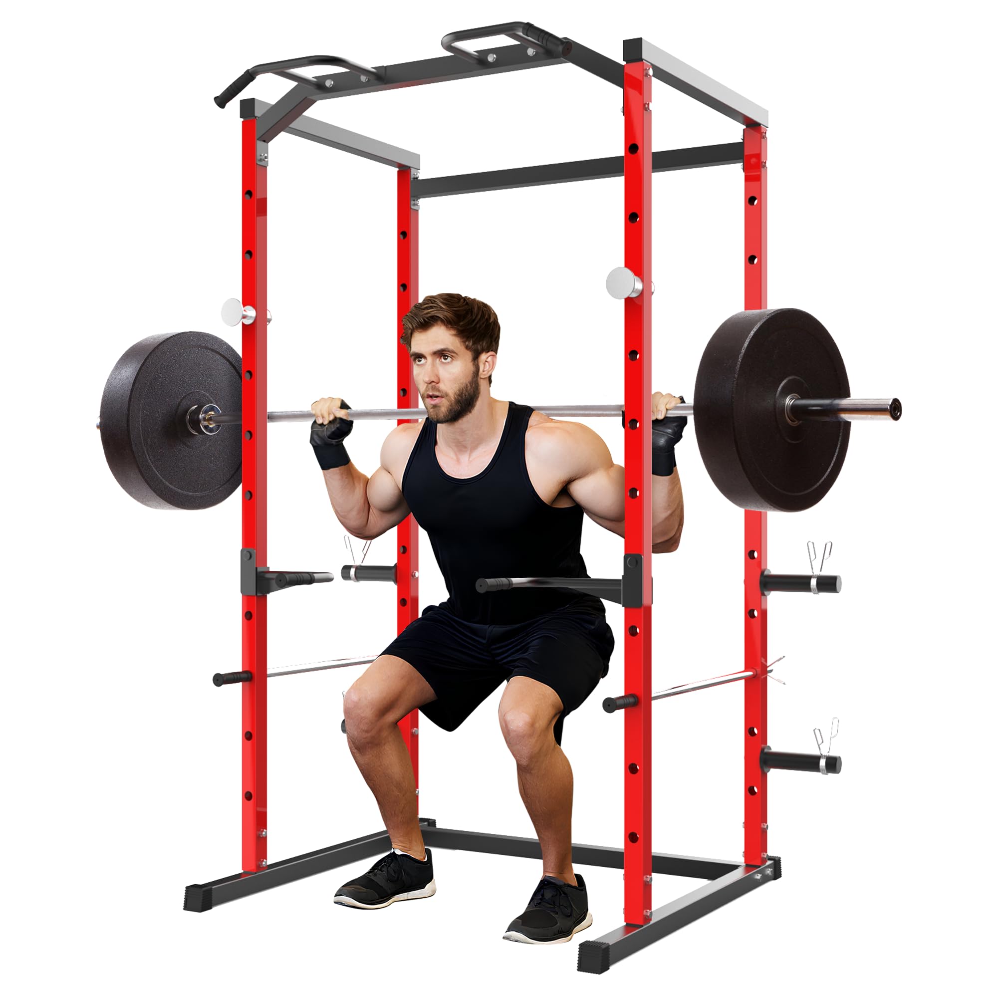 Garvee Power Cage, Squat Rack for Home Gym, 1100LB Capacity Power Rack with Pull-Up Bar, Adjustable Safety Bars, Strength Training for Home Gym, Red
