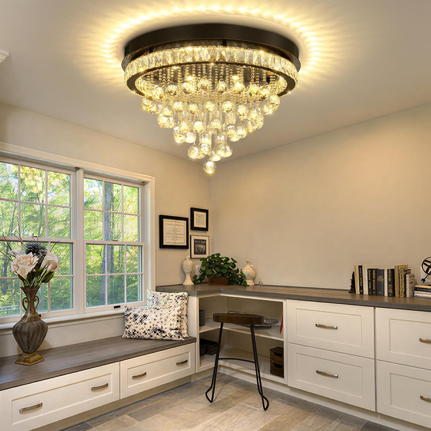 Shial Lighting Dia 24" Modern Crystal Chandeliers for Dining Room,Black Raindrop Chandelier Flush Mount Chandeliers for Living Room Bedrooms Dining Room Dimmable 2700k 4500k 6000k