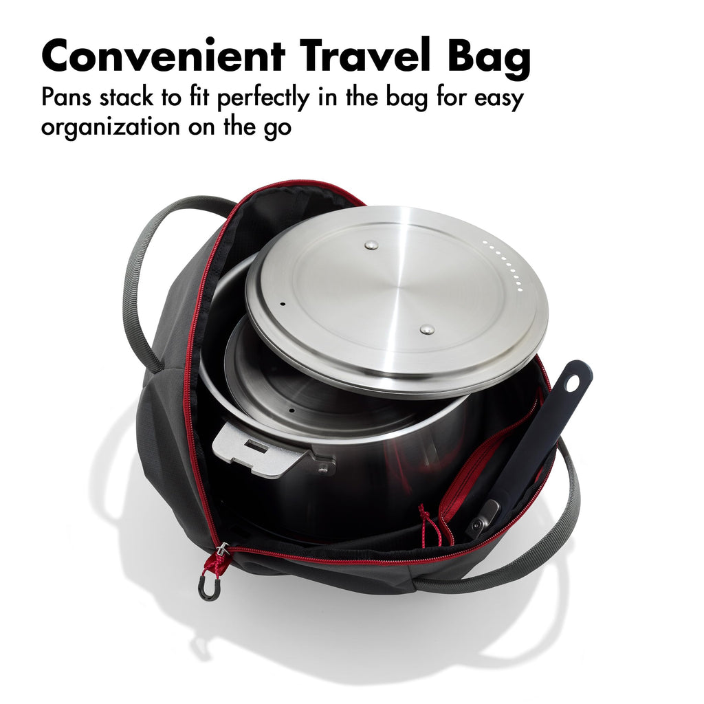 OXO Outdoor 8 Piece Camping Cookware Set, 10" Pre-Seasoned Carbon Steel Frying Pan Skillet, 2.25QT and 5QT Stainless Steel Saucepans with Lids, Removeable Handle, Trivet, Travel Bag, Space-Saving