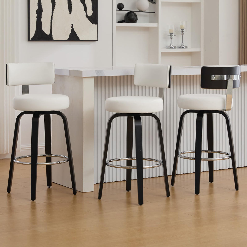 WOOW DEPOT Swivel Counter Height Bar Stools Set of 3, 29" Upholstered Faux Leather Barstools with Back, Mid Century Modern Counter Stools with Black Walnut Wood Legs for Kitchen Island, White