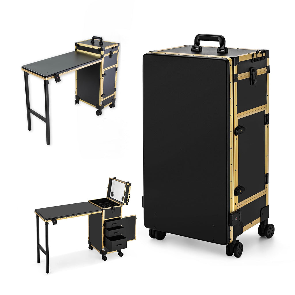 Gdsshuhung Portable Nail Desk with LED Mirror, Heavy Duty Foldable Manicure Table with 3 Drawers, Rolling Makeup Train Case Cosmetology Trolley on Wheels, Mobile Nail Tech Workstation (Gold)