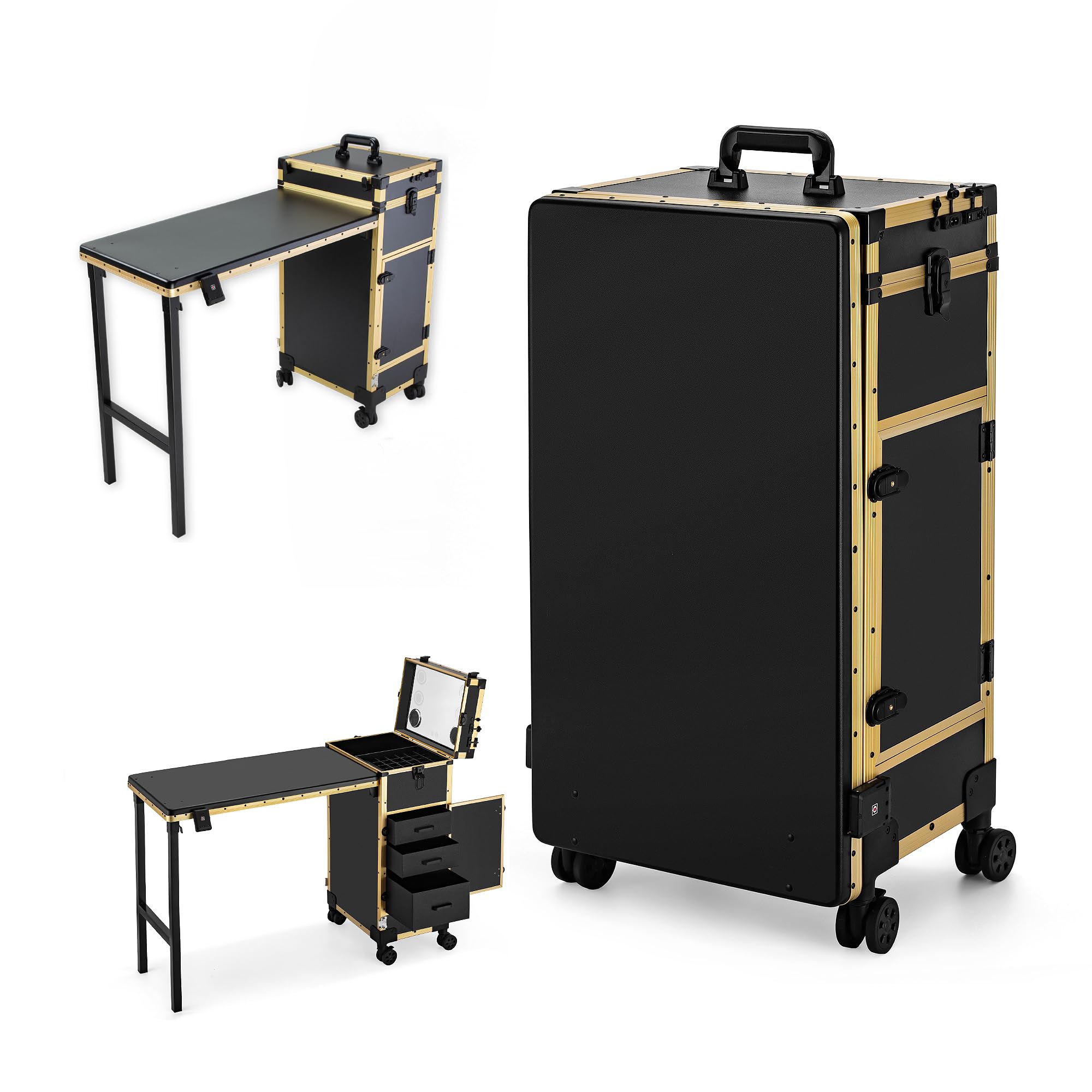 Gdsshuhung Portable Nail Desk with LED Mirror, Heavy Duty Foldable Manicure Table with 3 Drawers, Rolling Makeup Train Case Cosmetology Trolley on Wheels, Mobile Nail Tech Workstation (Gold)