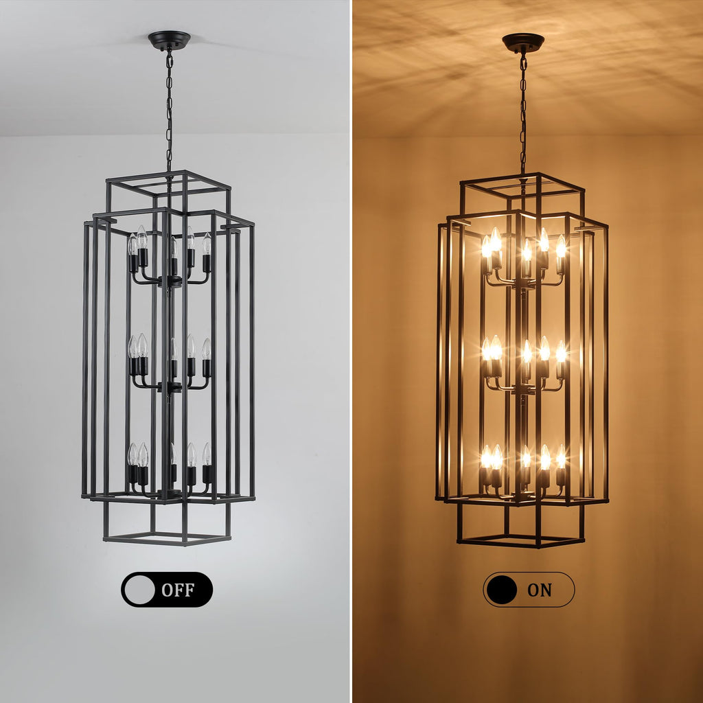 Xuridongsheng 15-Light Lantern Chandelier for Foyer Large Black High Ceiling Chandelier with 3-Tier Candle Design, Modern Farmhouse Entryway Lighting Fixture for Staircase, Two Story Living Room, E12