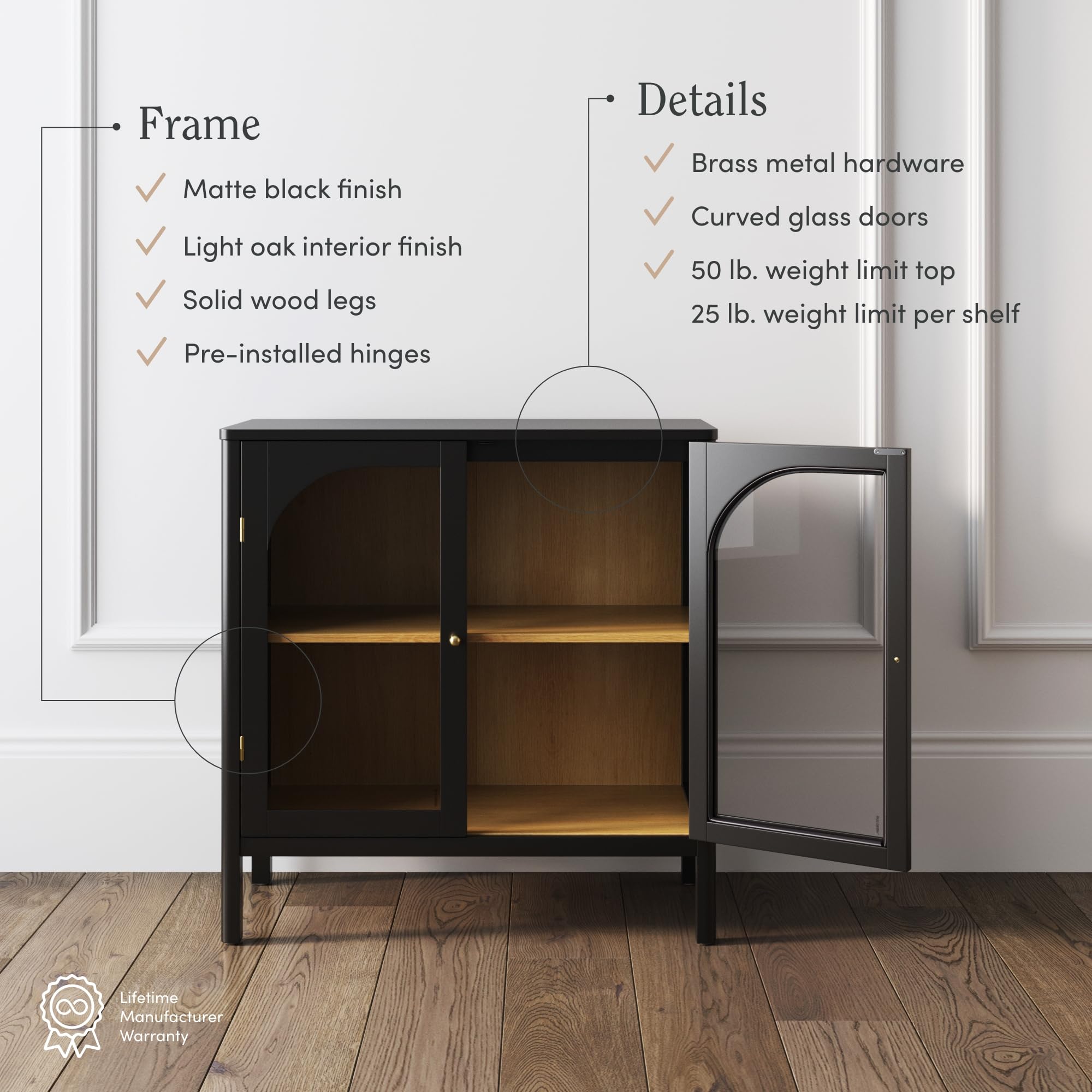 Nathan James Mason Storage Cabinet, Free Standing Accent Sideboard Buffet, Credenza with Glass Doors and Adjustable Shelf in Black Oak Wood for Dining Room, Entryway and Living Room, Clear Glass/Black