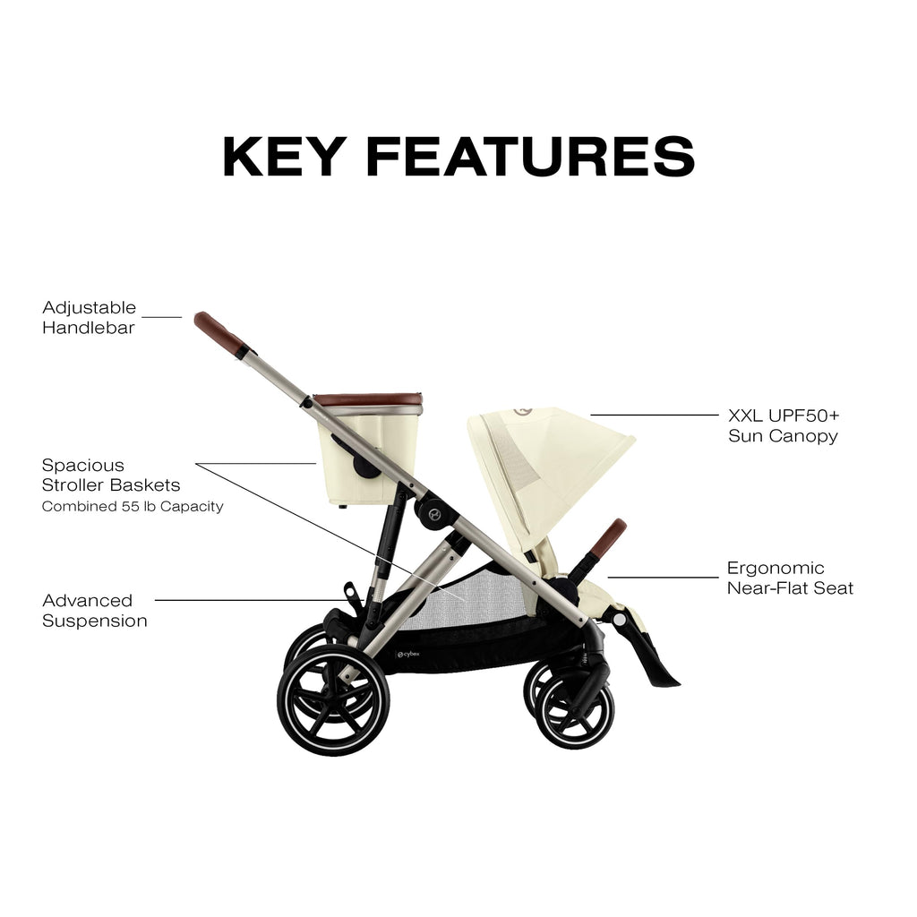 Cybex Gazelle S Stroller Modular Double for Infant and Toddler Includes Detachable Shopping Basket Over 20+ Configurations Folds Flat Easy Storage, Seashell Beige, 1.0 Count, 28.4 pounds