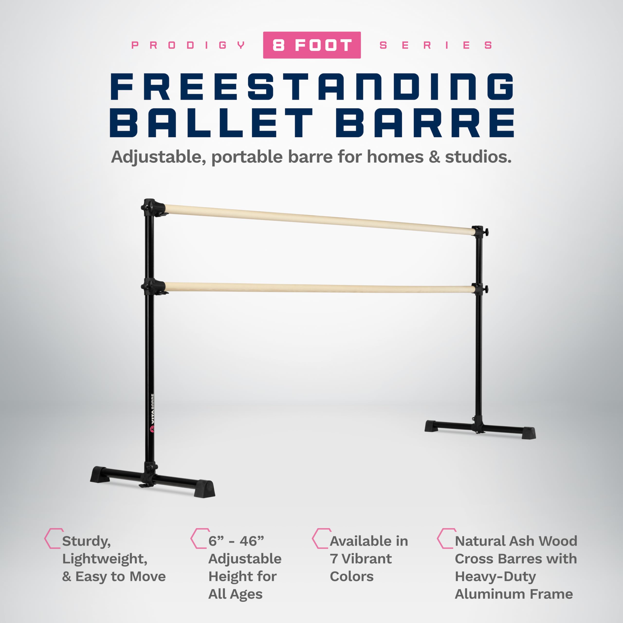 VITA Barre Portable Freestanding Double Ballet Barre, Prodigy, 8 Ft Bars, Black | Adjustable Height, USA Made, Home or Gym Exercise Equipment for Kids & Adults | Dance, Fitness, Pilates
