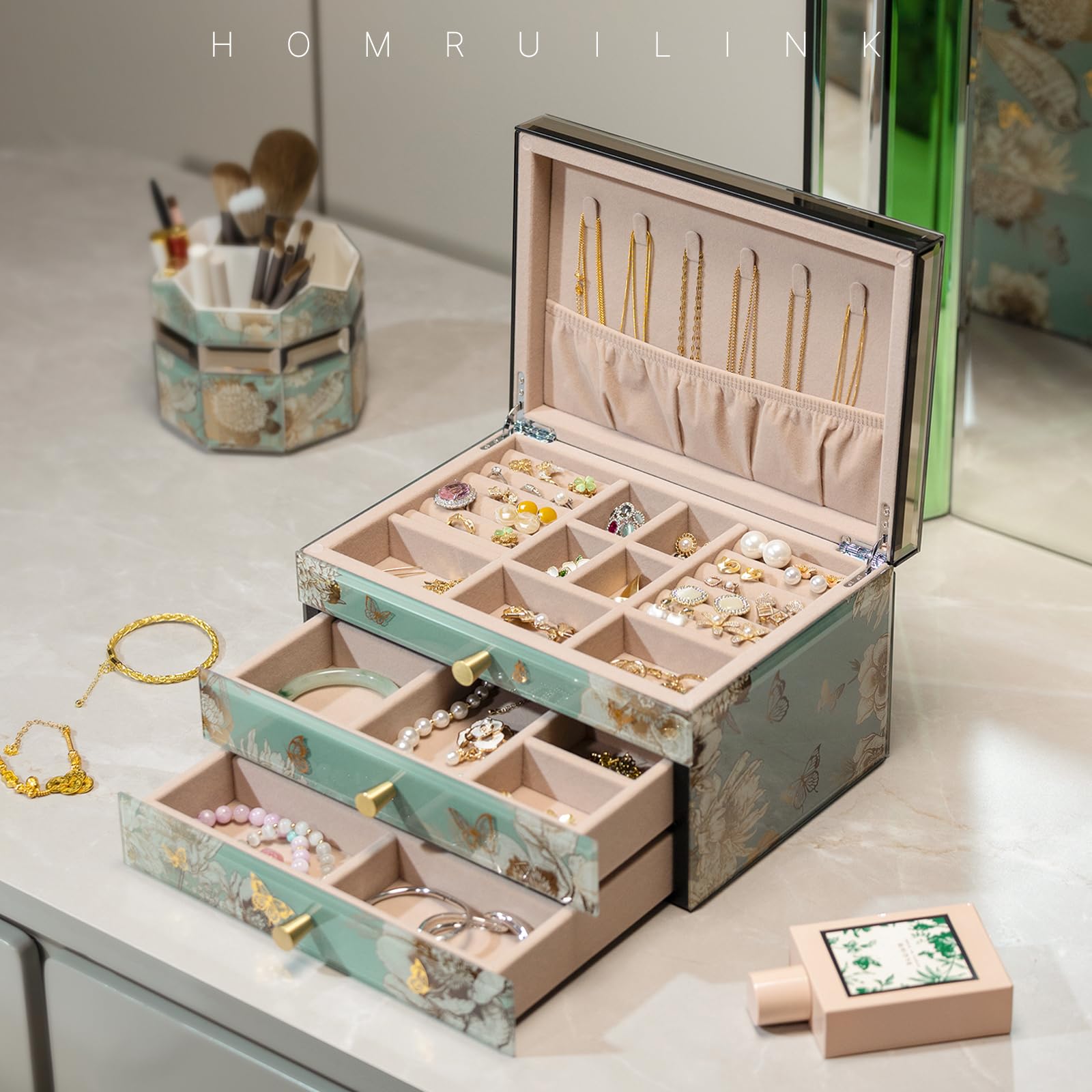 Homruilink High End Glass Jewelry Box, 3 Layer Jewelry Organizer, Velvet-Lined Case For Ring, Necklace, Earring, Bracelet Storage, Ideal Gift (Bird & Floral)