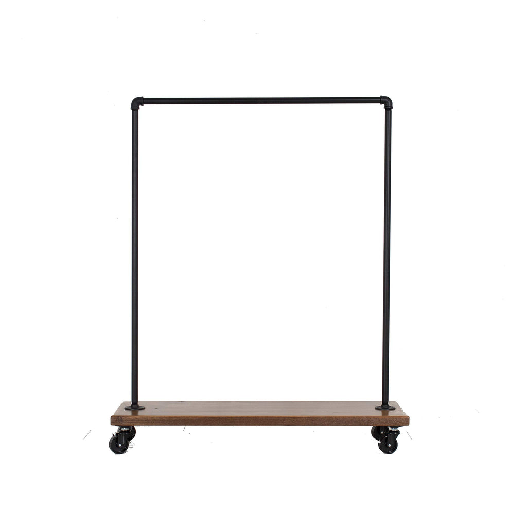 Industrial Pipe Rolling Clothing Rack with Solid Wood Shelf on Wheels by William Robert's Vintage