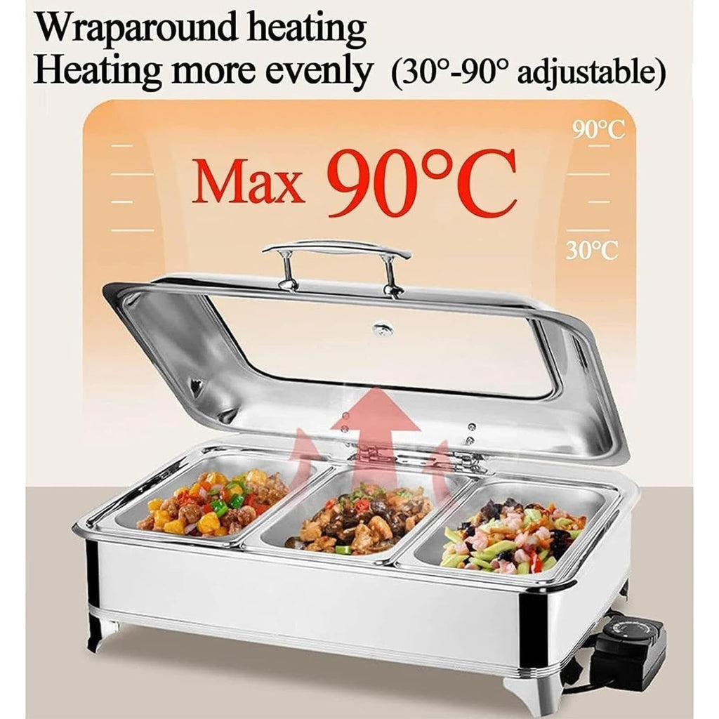 Stainless Steel Electric Chafing Dish with Clear Lid, Commercial Grade Food Warmer for Home Kitchen, Hotel, Banquet, Family Gatherings, Party Serving Tray