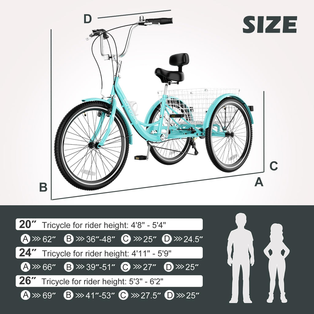 H&ZT Adult Tricycle, 3 Wheeled Bike, Trike Cruiser Bike, with 7-Speed Gear, Parking Brake Handle, Low Step, Large Rear Basket, Elderly Friendly, for Men, Women, and Teens