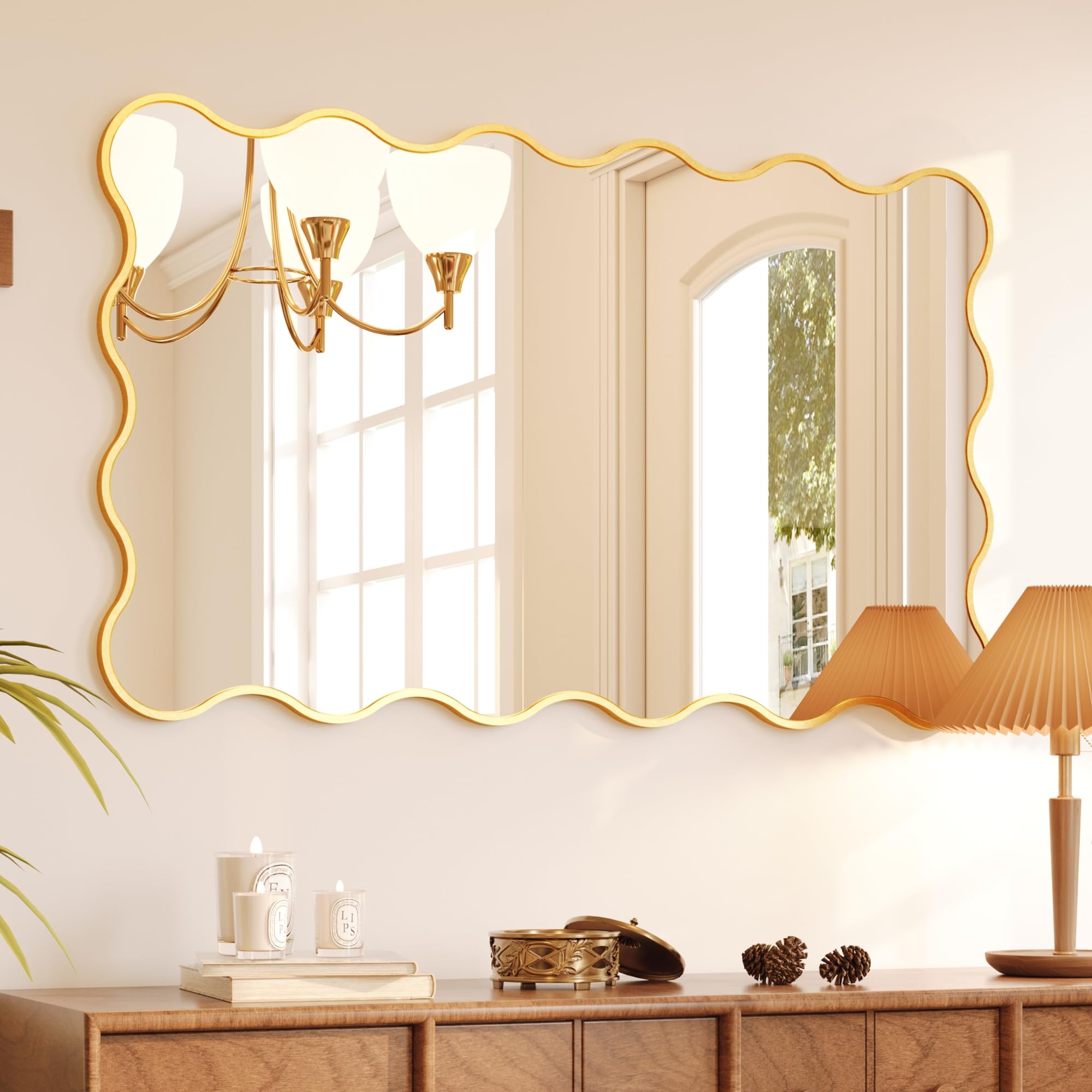 Kelly Miller 30x48 Inch Gold Scalloped Mirror, Large Rectangular Wavy Edge Bathroom Vanity Wall Mirror Decorative for Bedroom Living Room Entryway Fireplace Mantle