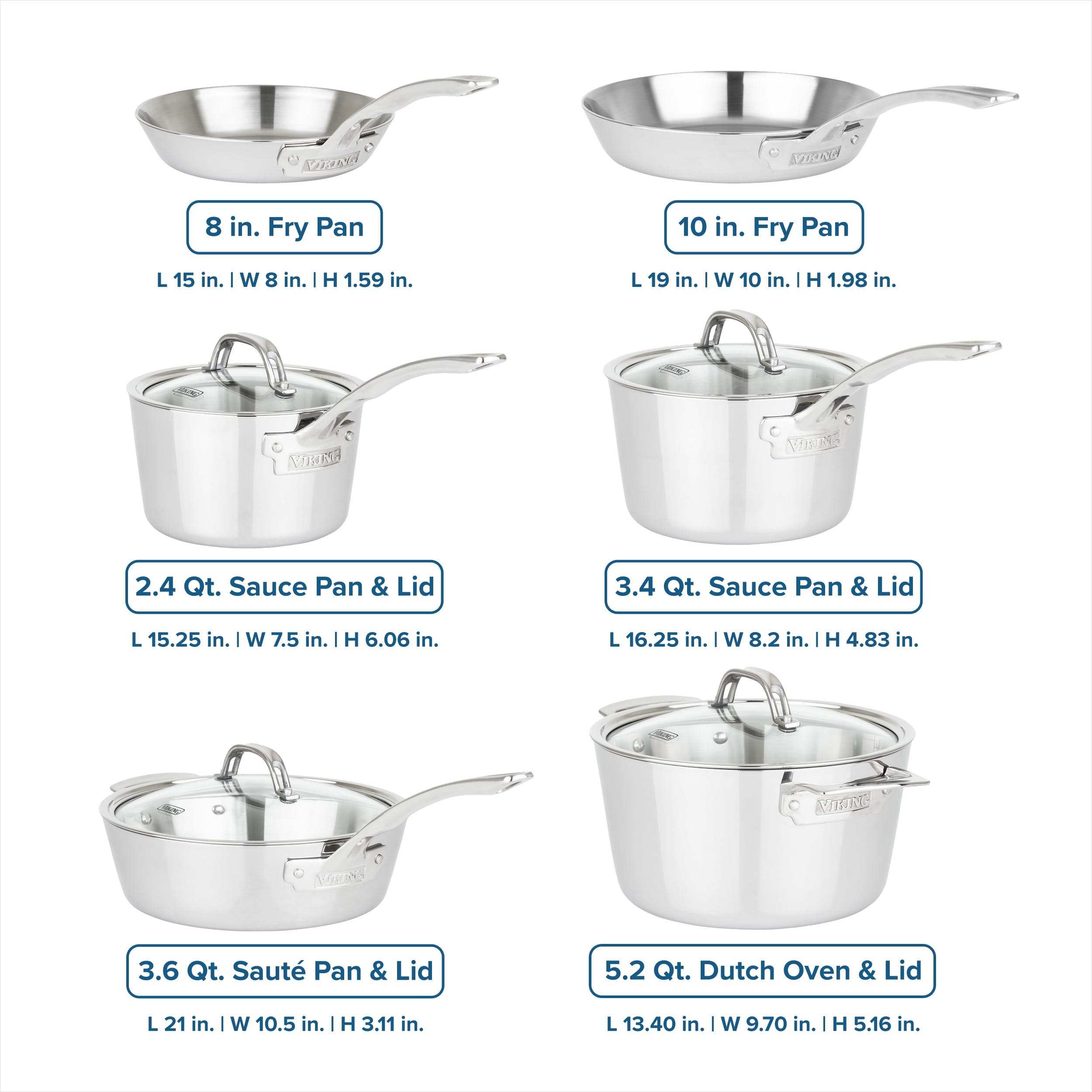 Viking Contemporary 3-Ply Pots and Pans Set, 10 Piece Stainless Steel Kitchen Cookware, Silver