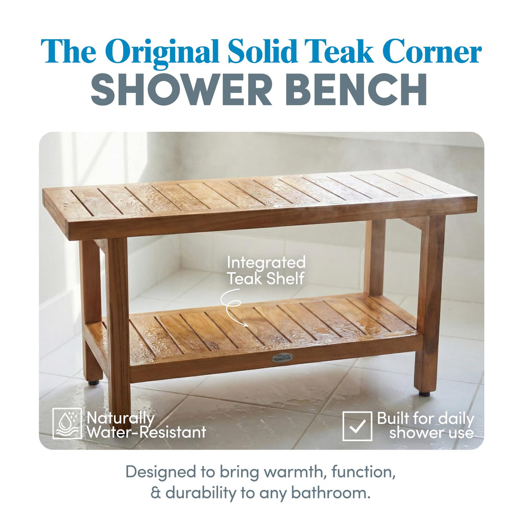 AquaTeak The Original 36" Spa Teak Shower Bench - Shower Stool with Storage Shelf for Bathroom - Durable Water Resistant Shower Chair - Shaving Foot Rest - Indoor & Outdoor Use