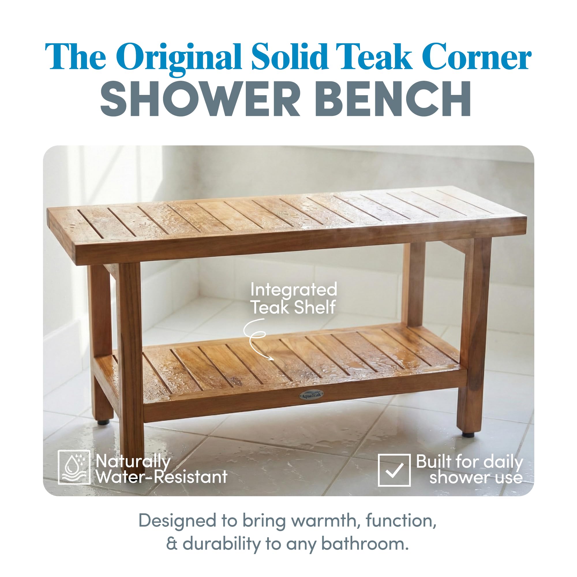 AquaTeak The Original 36" Spa Teak Shower Bench - Shower Stool with Storage Shelf for Bathroom - Durable Water Resistant Shower Chair - Shaving Foot Rest - Indoor & Outdoor Use