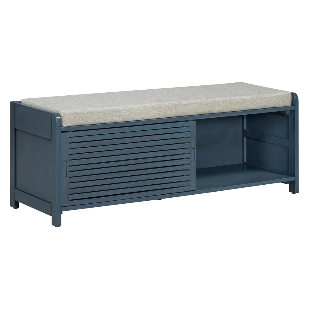 Ball & Cast Entryway Storage Bench with Shutter Doors, 43.3" Wooden Shoes Organizer, Modern Movable Upholstered Seat Entryway Shoe Rack Cabinet for Hallway Living Room, Navy Blue
