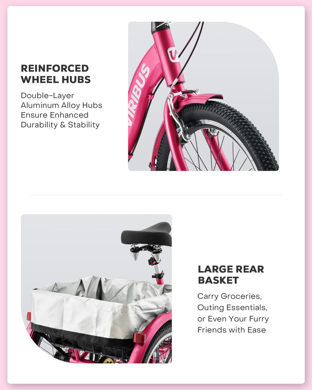 VIRIBUS Folding Tricycle for Adults, 20 inch Foldable Adult Tricycle, Folding 3 Wheel Bikes with Basket for Short Women Seniors, 1 Speed Collapsible Trike 330lb. Capacity, Three Wheeler Hot Pink