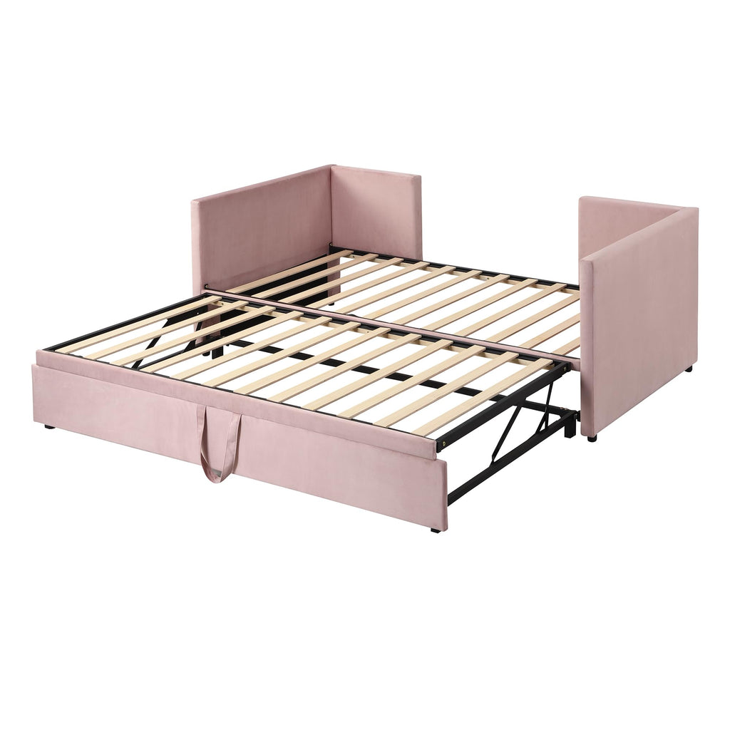 Brisca Twin Velvet Upholstered Daybed with Pop Up Trundle,Extendable Wooden Bed Frame,W/Backrest and Armrests, King-Size,for Living Room Apartment,Pink