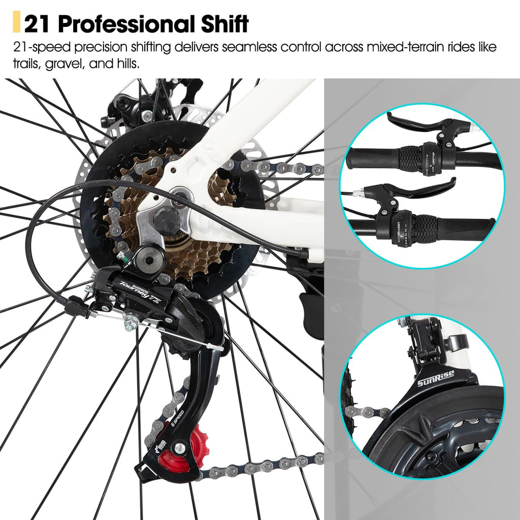 HH HILAND 27.5 Inch Mountain Bike, Mens and Womens Aluminum Frame MTB with 21 Speeds, Dis Brake, Hardtail Bicycle for Adults White
