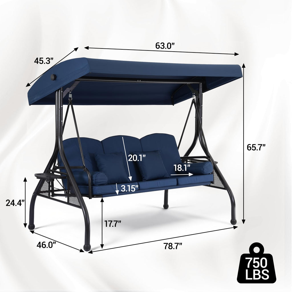 WINVO 3-Seat Outdoor Porch Swing with Adjustable Canopy, 2 in 1 Convertible Patio Swing Bed, Patio Glider Swing for Adult, with Cup Holder and Pillow for Backyard, Blue
