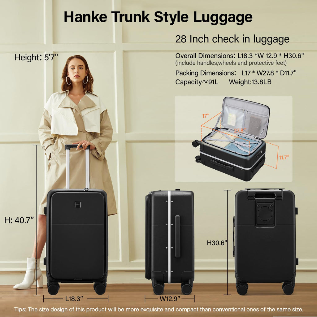 Hanke 28 Inch Checked Luggage with Cup Holder and USB Ports, Top Opening Hard Shell Suitcase with Wheels, Aluminum Frame Large Trunk Luggage with Foldable Divider & TSA Lock for Travel, Jet Black