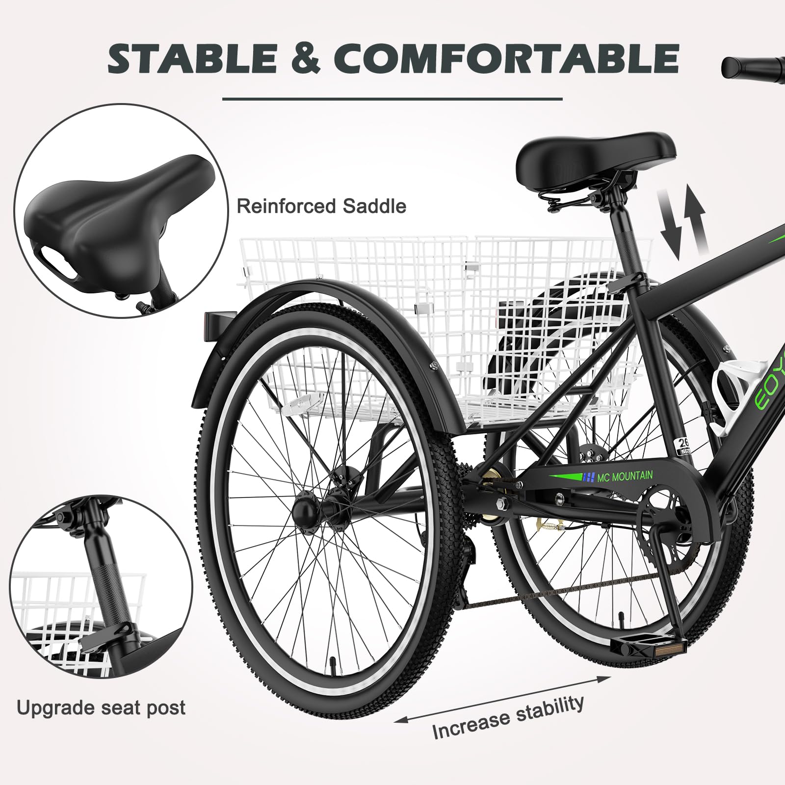 H&ZT Adult Tricycle, 3 Wheeled Bike, Trike Cruiser Bike, with 7-Speed Gear, Parking Brake Handle, Low Step, Large Rear Basket, Elderly Friendly, for Men, Women, and Teens