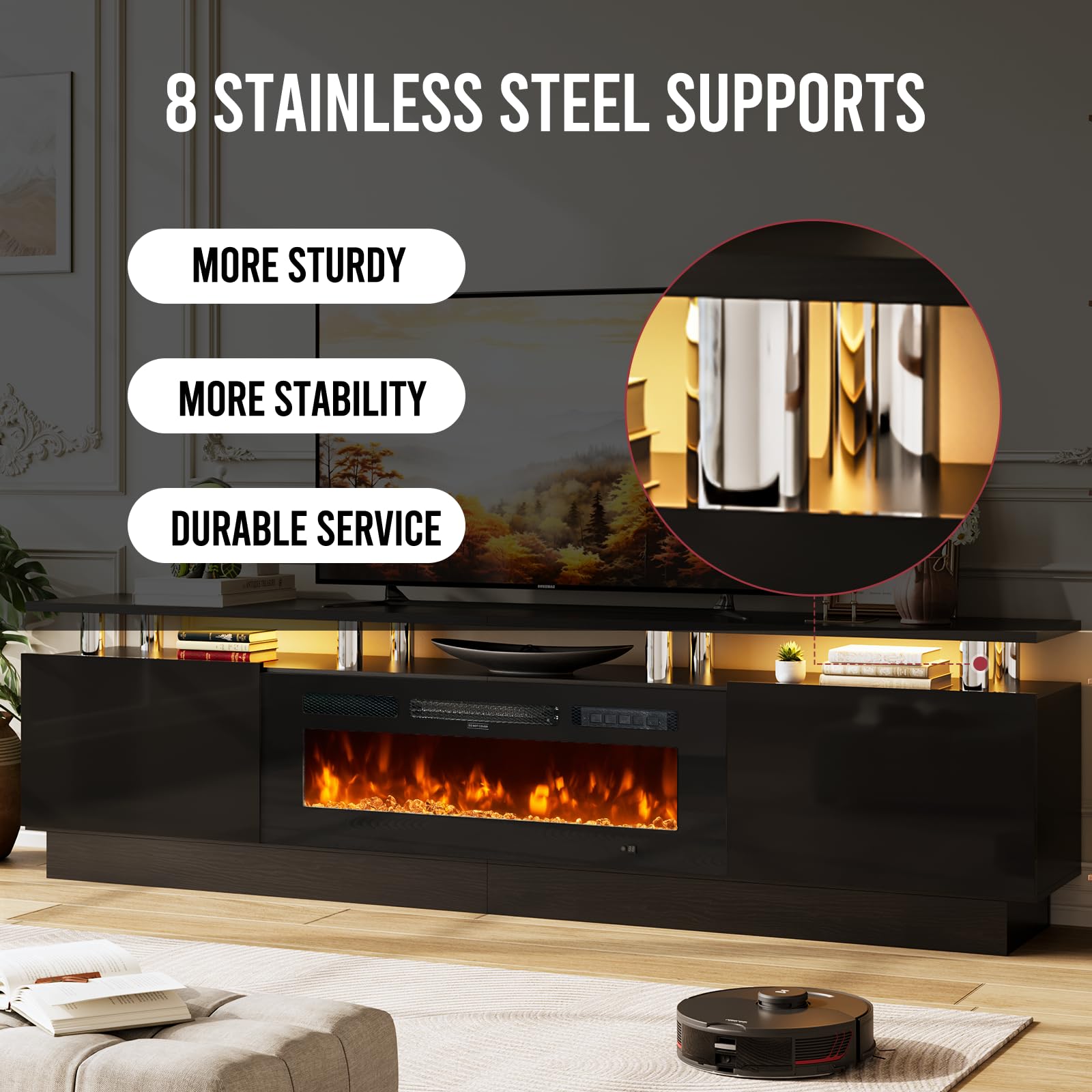 OneBlis 90" TV Stand for Living Room, Large Entertainment Center & Media Console, Fits TVs up to 100", Storage Cabinet with Shelves, 50" Electric Fireplace