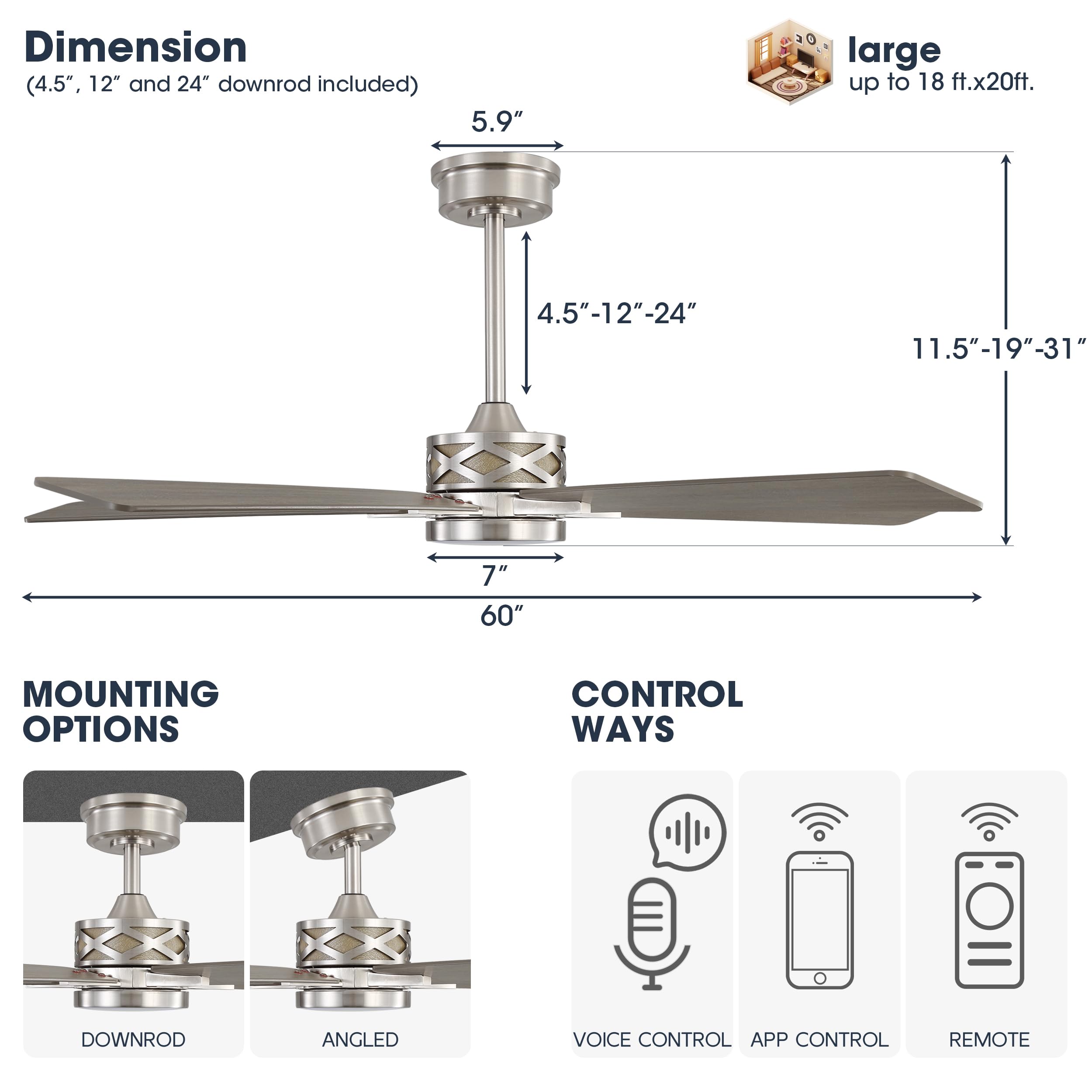 WINGBO 60" Smart Ceiling Fan with Lights and 3 Downrods, 5 Plywood Blades, 6 Speeds Reversible DC Motor, Works with Alexa and Google Assistant, 3CCT Dimmable LED Large Ceiling Fans, Nickel and Grey