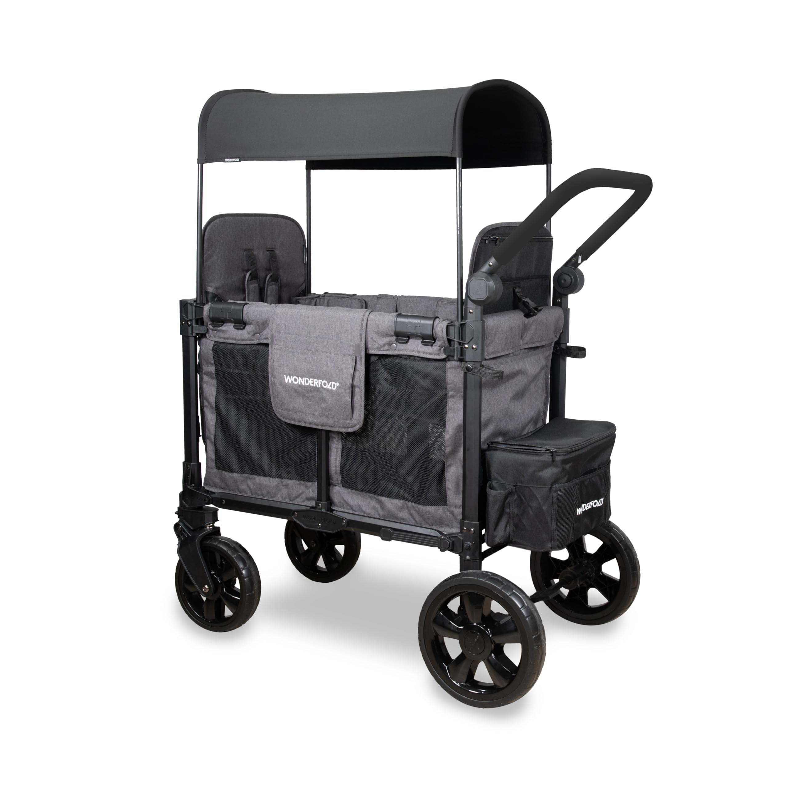 WonderFold W2 Elite Pro Stroller Wagon - Foldable Wagon with Aluminum Frame - Adjustable Canopy & Push Handle - All-Terrain Wheels - for Babies, Toddlers & Kids - 4 Seater - Gray