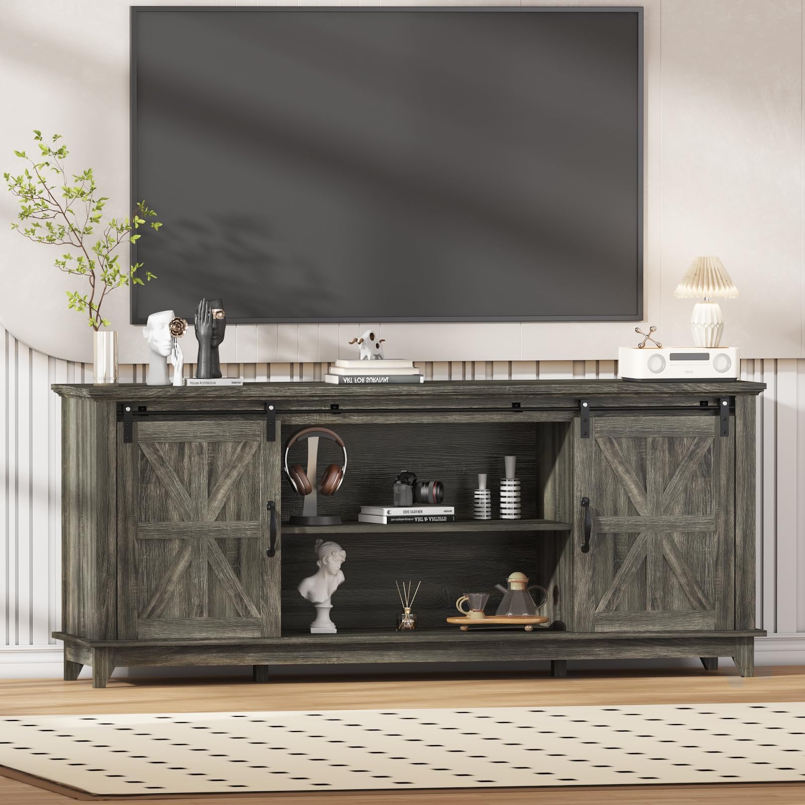 GarveeLife 66 in Farmhouse Sideboard Buffet Cabinet with Power Outlets, Entertainment Center with Sliding Barn Door & Large Storage Cabinets w/Adjustable Shelf, 28 in Tall TV Media Console, Dark Grey