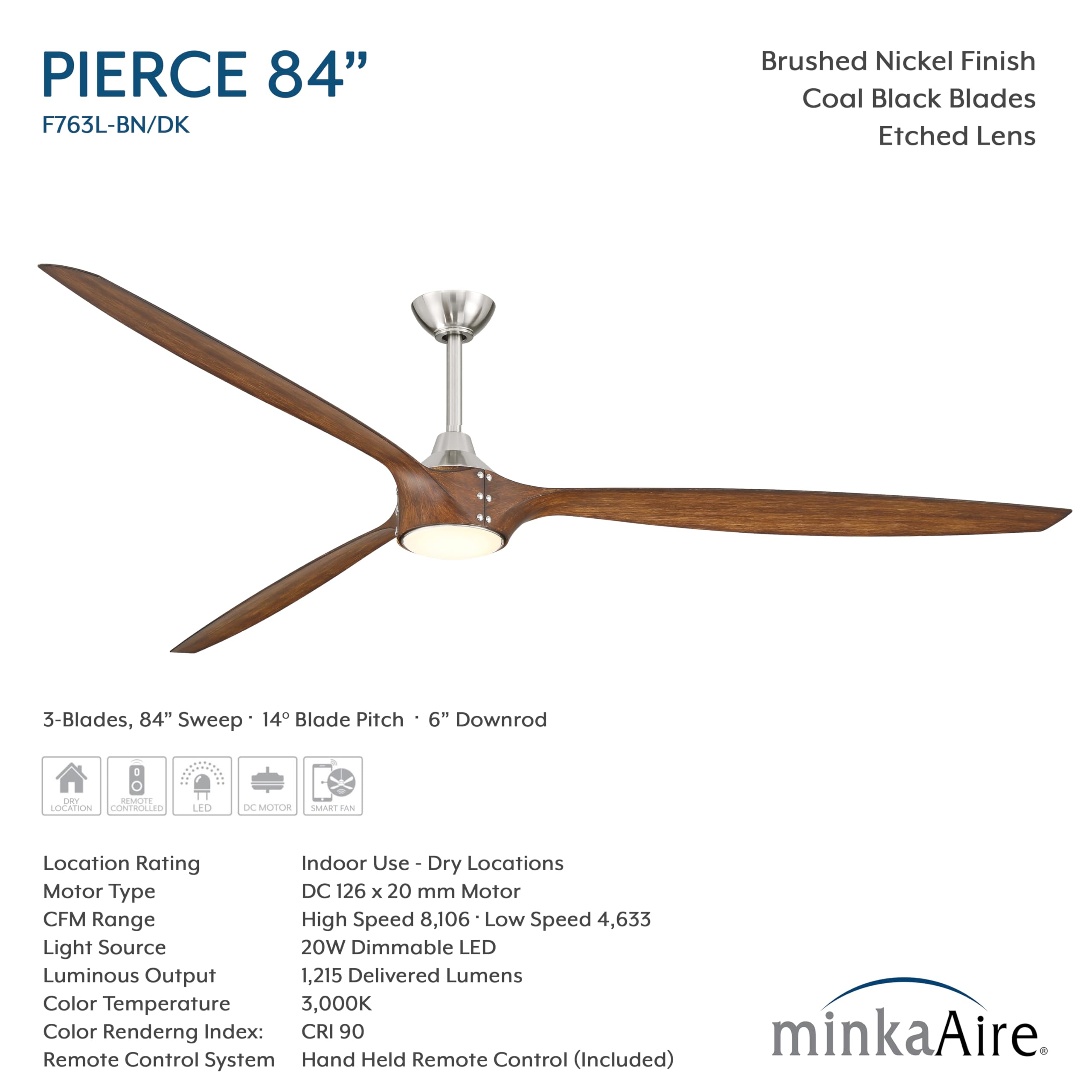MINKA-AIRE F763L-BN/DK Pierce 84" 3-Blade LED Smart Ceiling Fan - Brushed Nickel and Distressed Koa Finish Blades with Etched Lens