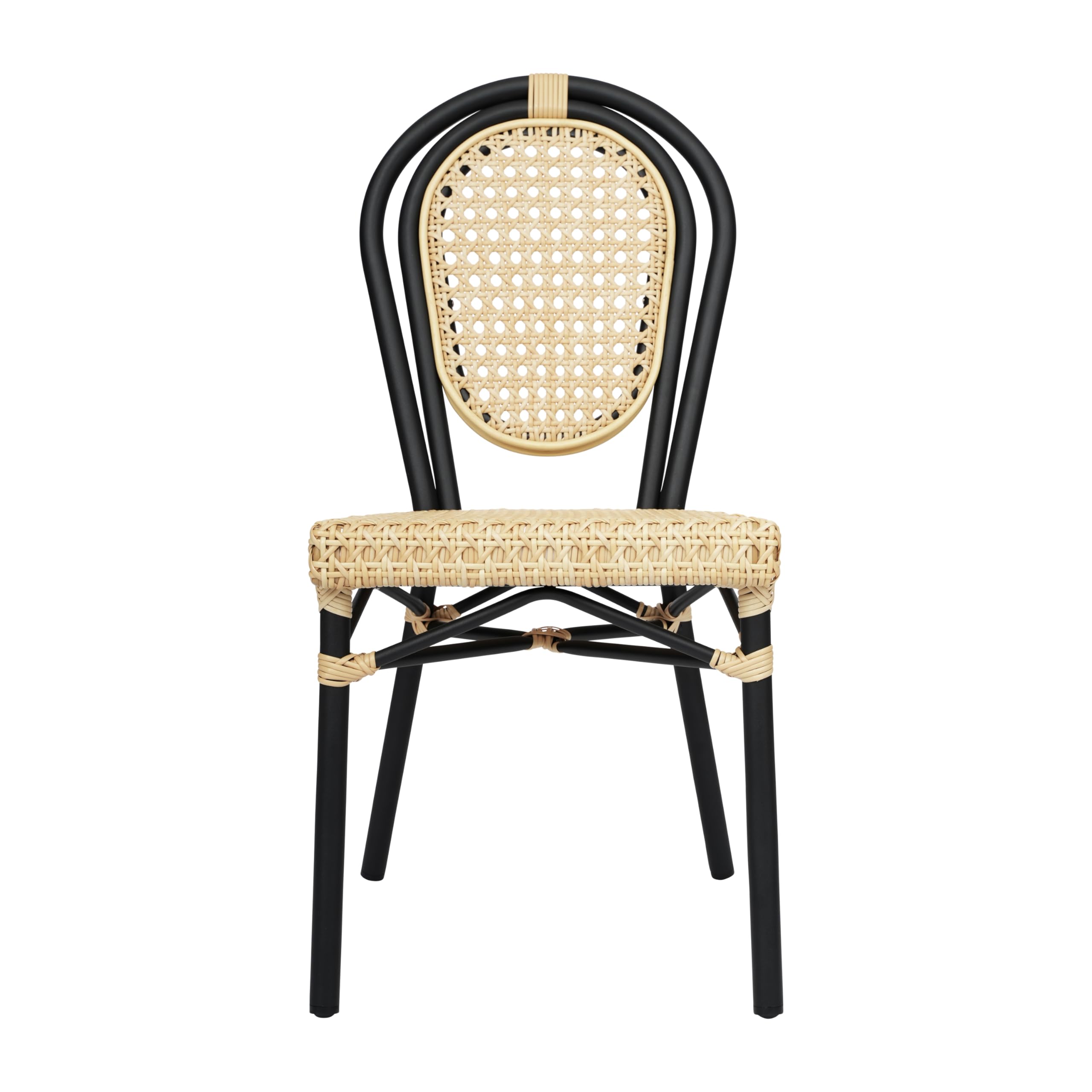 Flash Furniture Cannes Indoor/Outdoor Commercial Thonet Bistro Stack Chair - Natural PE Cane Rattan Back and Seat - Black Metal Frame - Set of 2