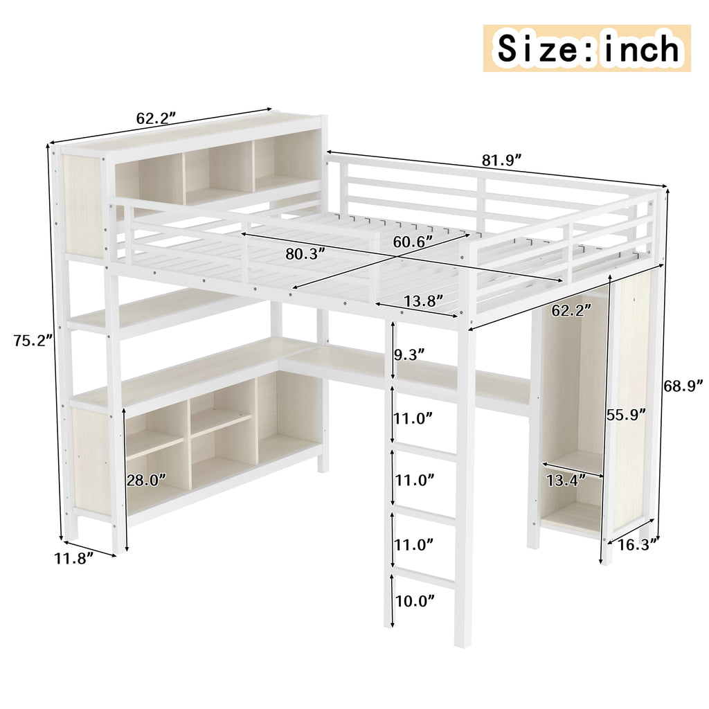 Bellemave Queen Loft Bed with Desk & Wardrobe, Heavy Duty Metal Loft Beds with Storage Shelves, Space Saving Loft Bed Queen Size with Safety Guard, White Wood Grain