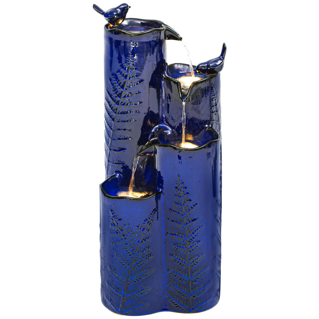 Autodaya 32" H Ceramic Outdoor Water Fountain with LED Lights, 4-Tier Vase Outdoor Fountain, Cobalt Blue Glaze, Embossed Fern Pattern, Cascading Waterfall for Tranquil Garden, Patio, or Porch