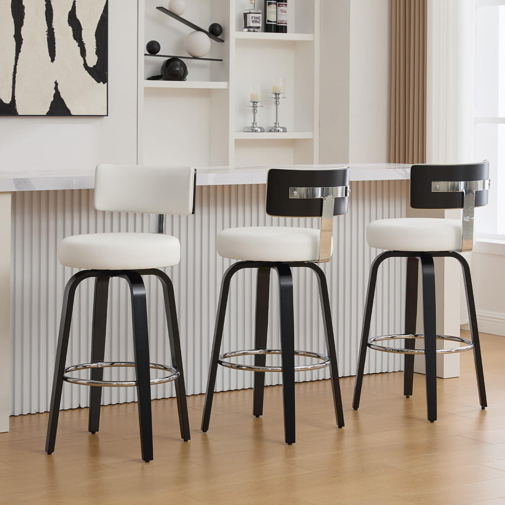 WOOW DEPOT Swivel Counter Height Bar Stools Set of 3, 29" Upholstered Faux Leather Barstools with Back, Mid Century Modern Counter Stools with Black Walnut Wood Legs for Kitchen Island, White