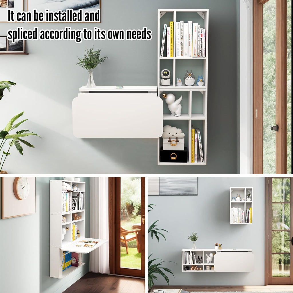 TuckTect Floating Desk with Storage Shelves, 81'' Wall Mounted Desk Laptop Writing Study Table, Folding Drop Leaf Table, Multifunctional Computer Workstation for Narrow Small Space