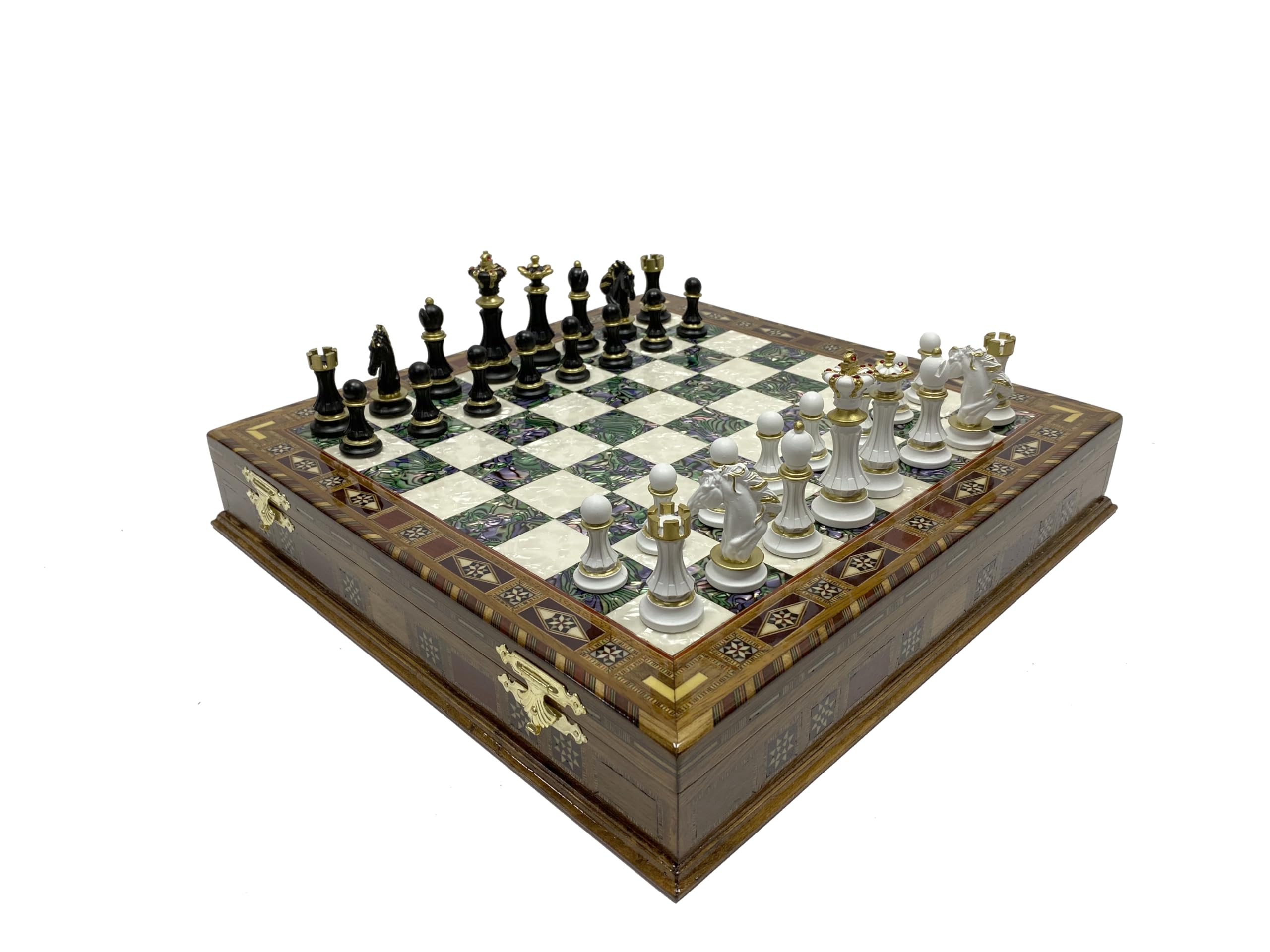 Antochia Crafts 16.5 Inches Large Chess Set - Wooden Chess Board with Mosaic Details and Legendary Hand Painted Luxury Chess Pieces (Green)